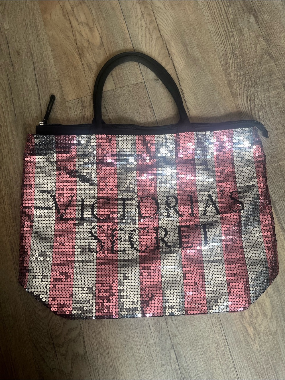 Victoria's Secret Pink and Silver Sequin Striped Tote